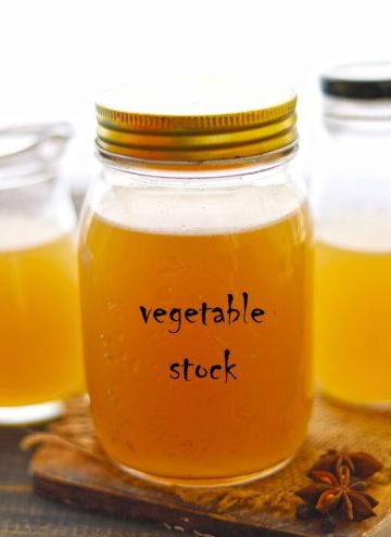 side shot of vegetable stock in a bottle