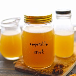 side shot of vegetable stock in a bottle