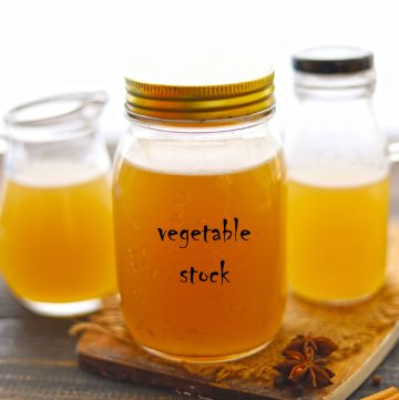 side shot of vegetable stock in a bottle