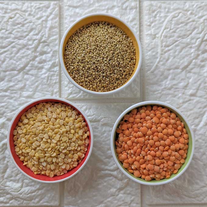 aerial shot of ingredients for vegetable millet khichdi