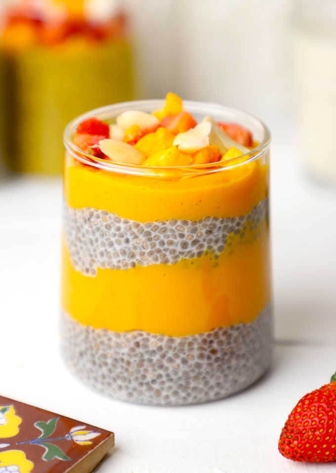 side shot of mango chia pudding in a serving glass