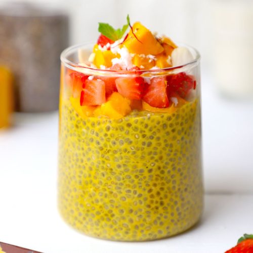side shot of mango chia pudding in a glass