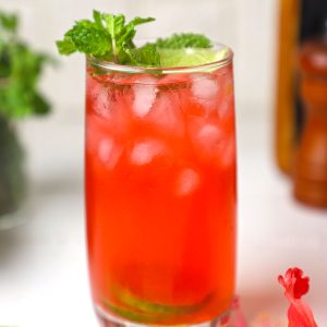 side shot of iced hibiscus tea served in a glass