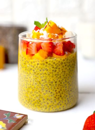 side shot of mango chia pudding in a glass