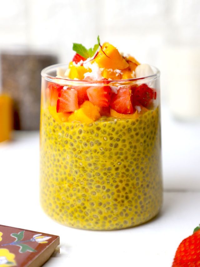 side shot of mango chia pudding in a glass