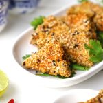 side shot of air fryer crispy tofu on a white plate