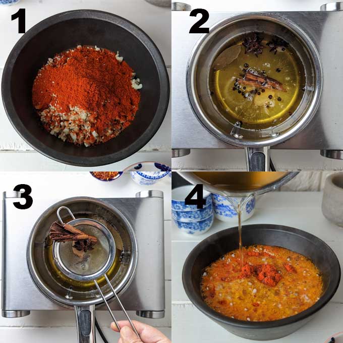 collage of chilli oil making steps