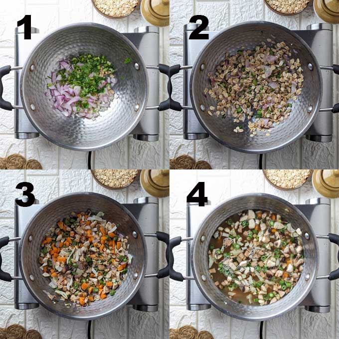 collage of vegetable oats soup making steps
