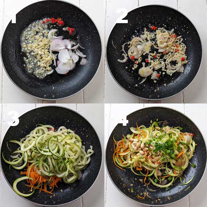 collage of stir fry zoodles making steps