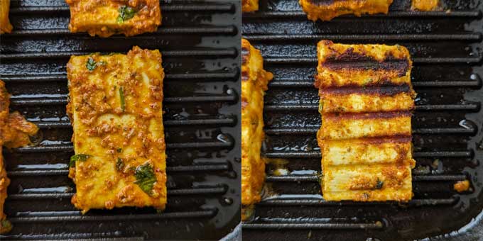collage of grilled paneer making steps