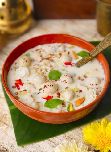 aerial shot of Panchamrit served in an earthen bowl