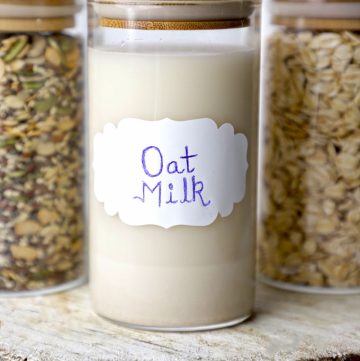 side shot of oat milk in an airtight container