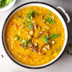 aerial shot of masoor dal in a white ceramic bowl