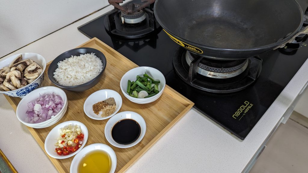 prep station for cooking fried rice