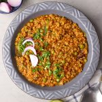 aerial shot of keema curry in a platter