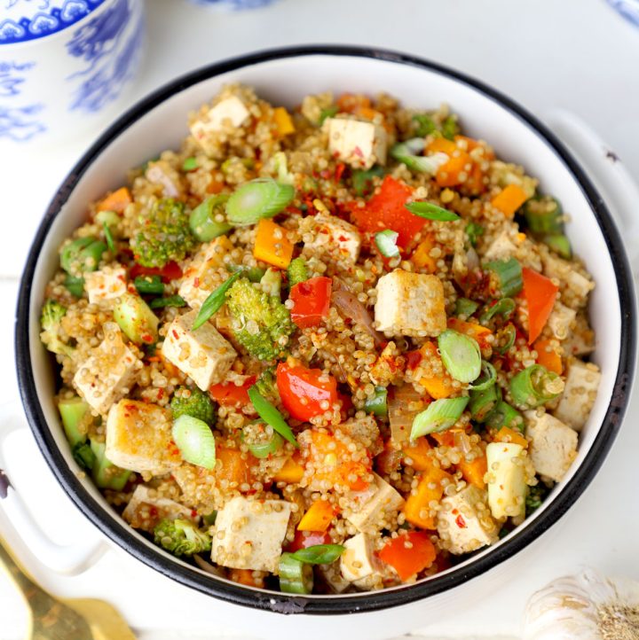 aerial shot of quinoa fried rice in a bowl