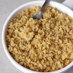 aerial shot of cooked quinoa in a white platter