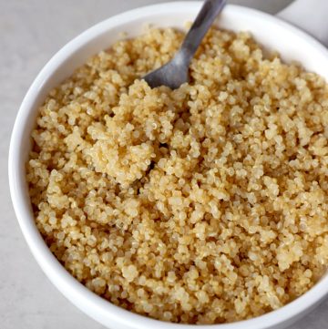 aerial shot of cooked quinoa in a white platter