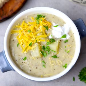 aerial shot of potato leek soup in a bowl