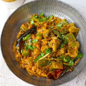 aerial close up shot of kadai mushroom masala in a bowl