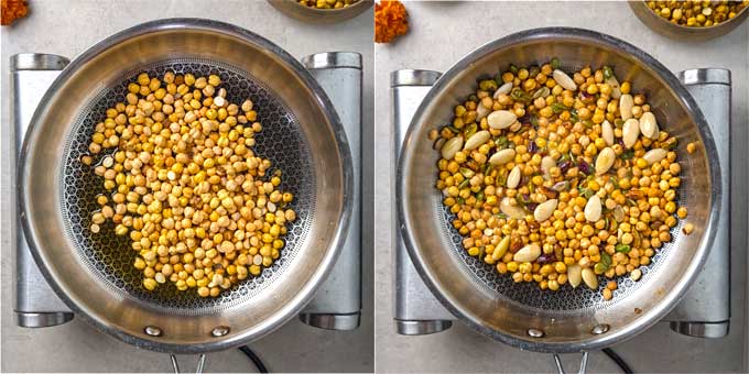frying nuts and chana for making laddu