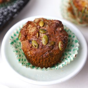 side close up shot of banana muffin in a white platter.