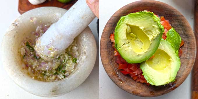 making guacamole in a mortar and pestle