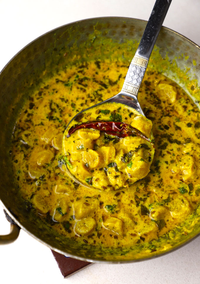 close up shot of gatte ki sabzi in a kadhai. - 10