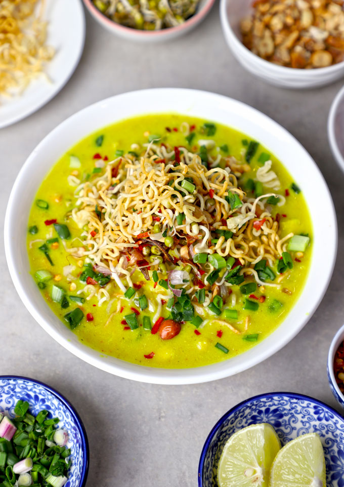 side shot of Burmese Khaw Suey served in a white bowl.