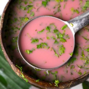 aerial close up shot of sol kadhi in a coconut bowl.