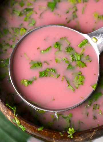 aerial close up shot of sol kadhi in a coconut bowl.