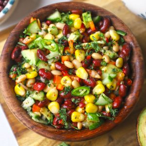 aerial shot of cowboy caviar in a wooden bowl.