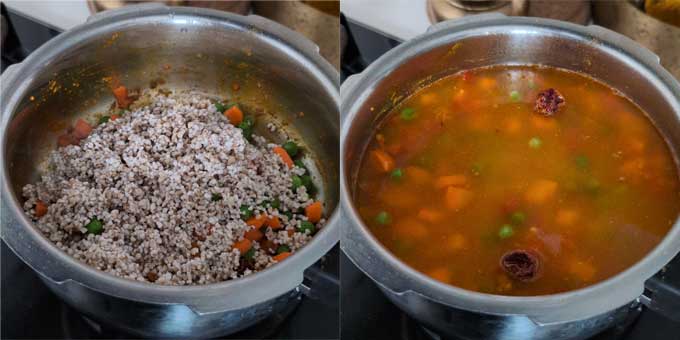 making barley khichdi in a pressure cooker.