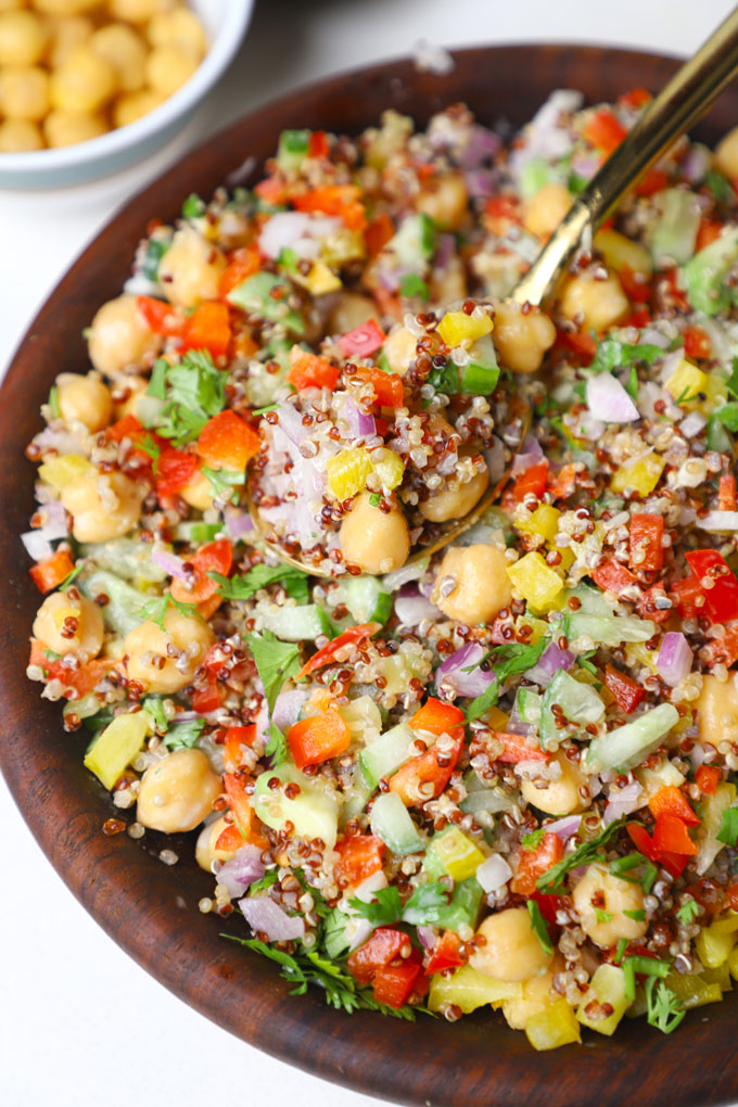 side close up shot of quinoa chickpea salad.