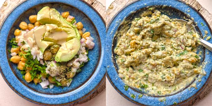 smashed chickpeas and avocado filling for cucumber boats.