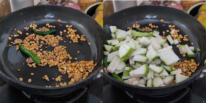 collage of sorakaya pachdi making steps.
