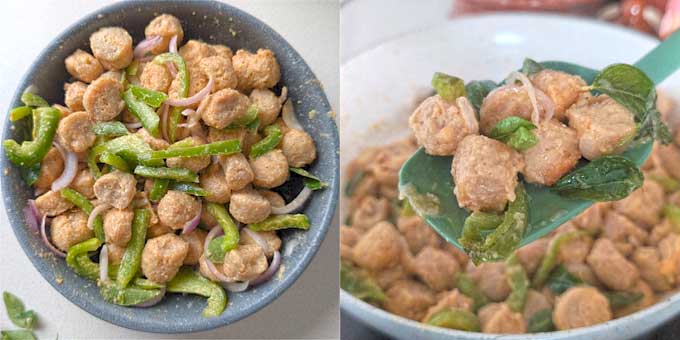 cooking soya nuggets for Andhra chilli