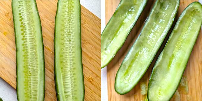 prepping cucumber for stuffing.