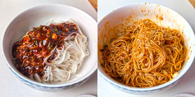 tossing Somyeon with sauce for making bibim guksu.