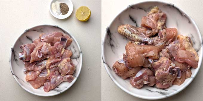 marinating chicken for murgh kali mirch.