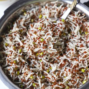 side close up shot of quinoa rice in a pressure cooker.