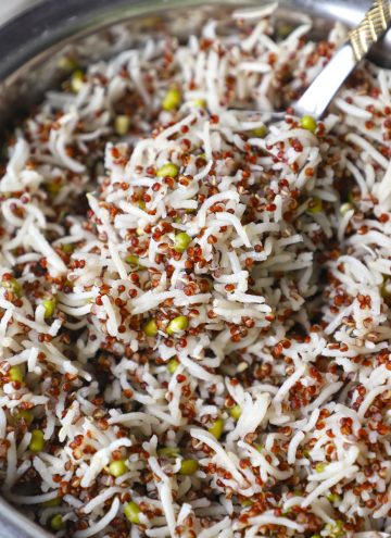 side close up shot of quinoa rice in a pressure cooker.